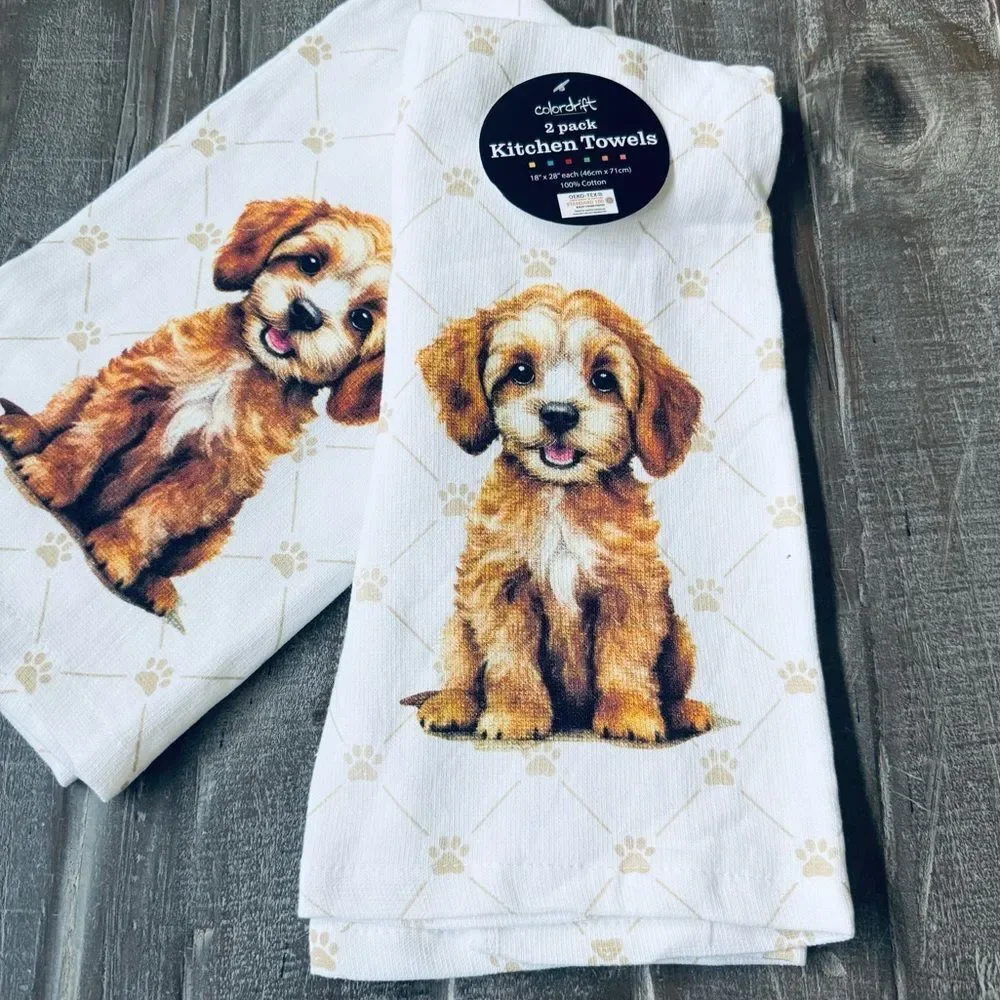 Goldendoodle Puppy Dog Paw Prints Kitchen Dish Towels Set